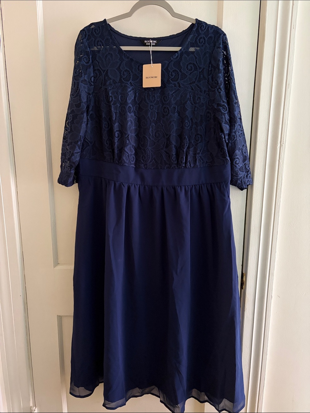BloomChic Navy Lace-Trim Chiffon Midi Dress